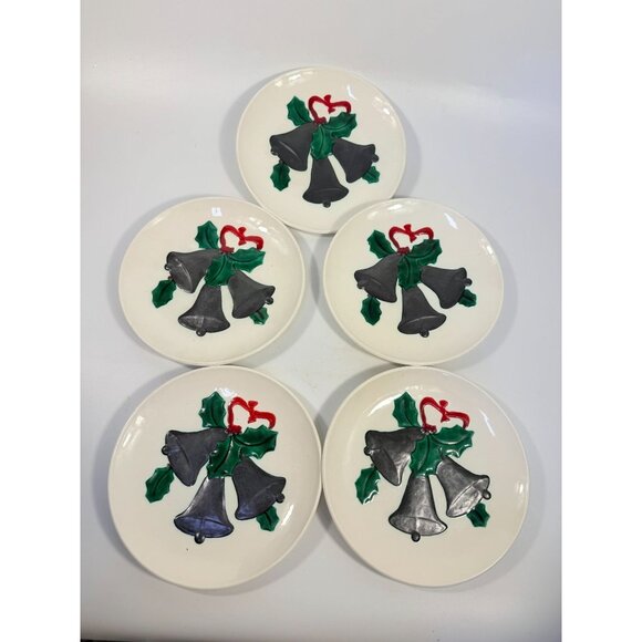 Ceramic Dinner Plates Vintage Handmade Hand-painted 3D Christmas Bells Holly Mal - Picture 4 of 11
